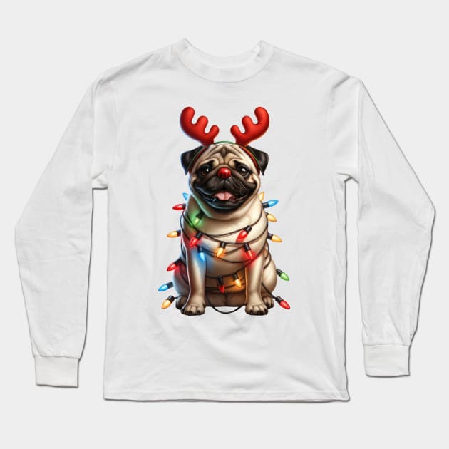 Christmas Red Nose Pug Dog Long Sleeve T-Shirt by Chromatic Fusion Studio